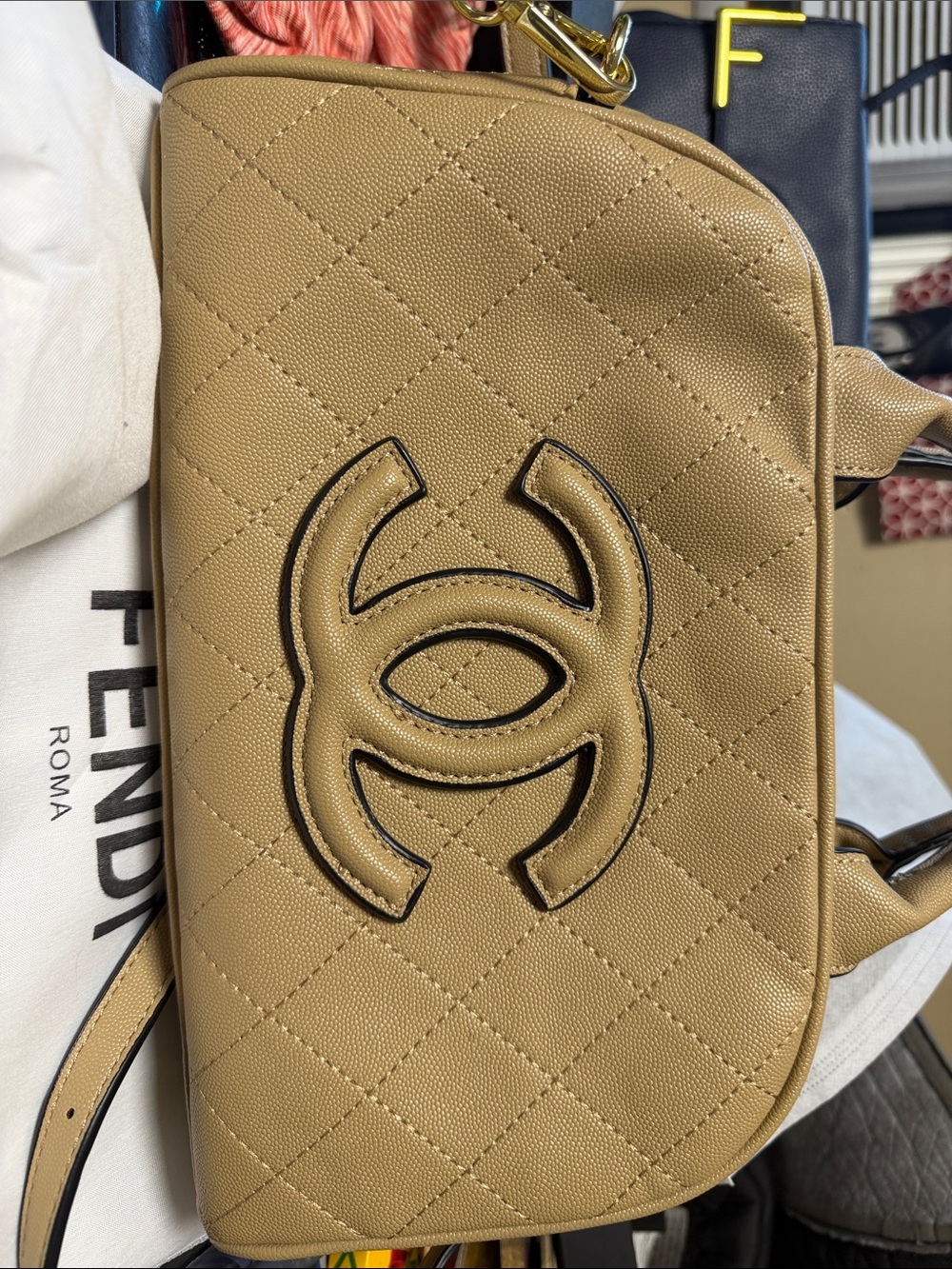 CHANEL Tan Quilted Leather Shoulder Bag with Embossed Logo